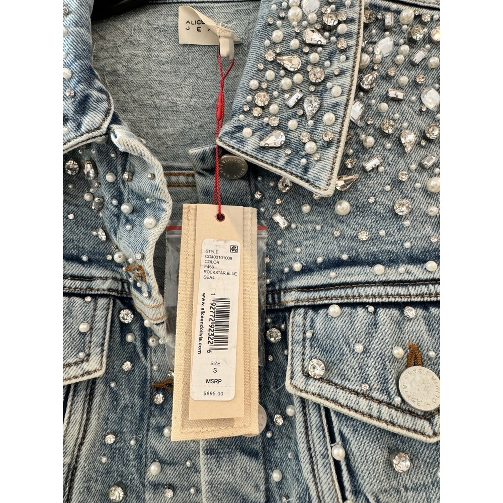 Alice + & Olivia Nelson Crystal Embellished Cropped Denim Jean Jacket Small Blue - Picture 10 of 11